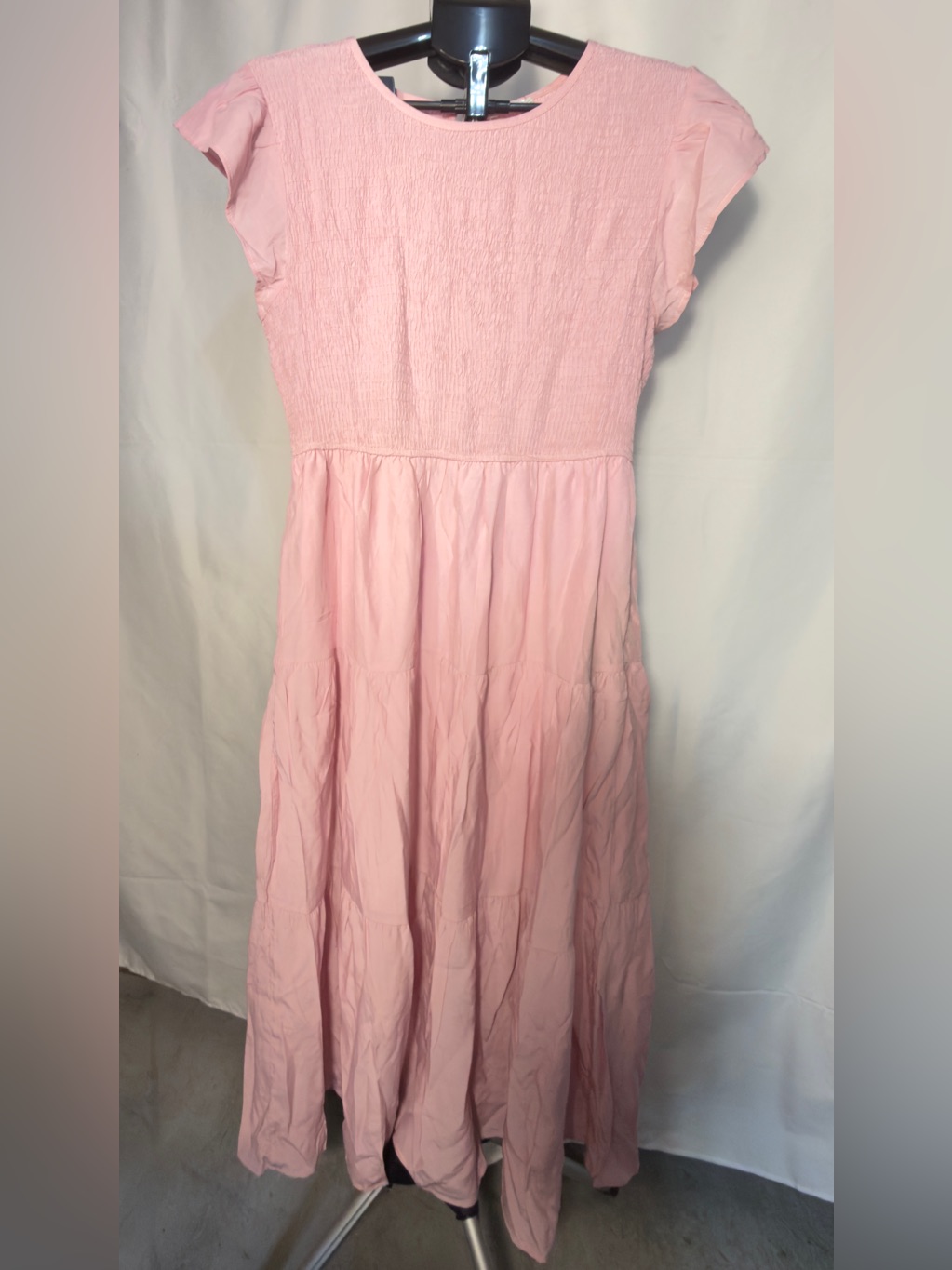 Smocked Bodice Pink Maxi Dress With Flutter Sleeves